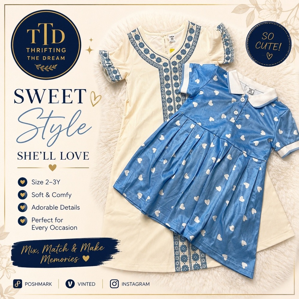 Shein Kids Toddler Girls Dress Bundle 2-3Y Blue Heart Polo & Boho Embroidered